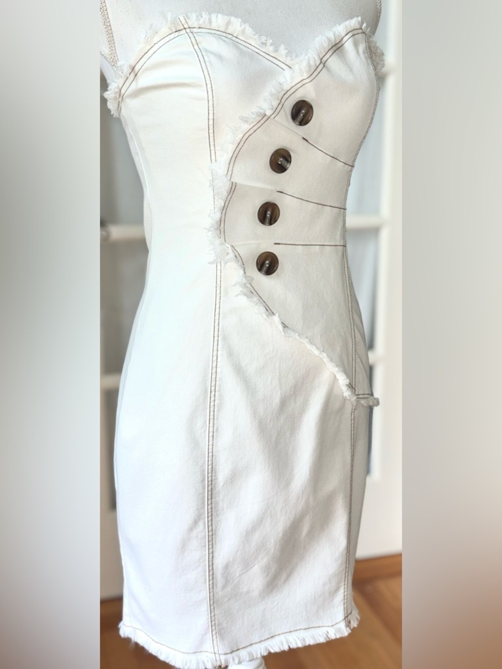 Mika & Gala Ivory Strapless Dress Asymmetrical Buttons Raw Hem Mini M